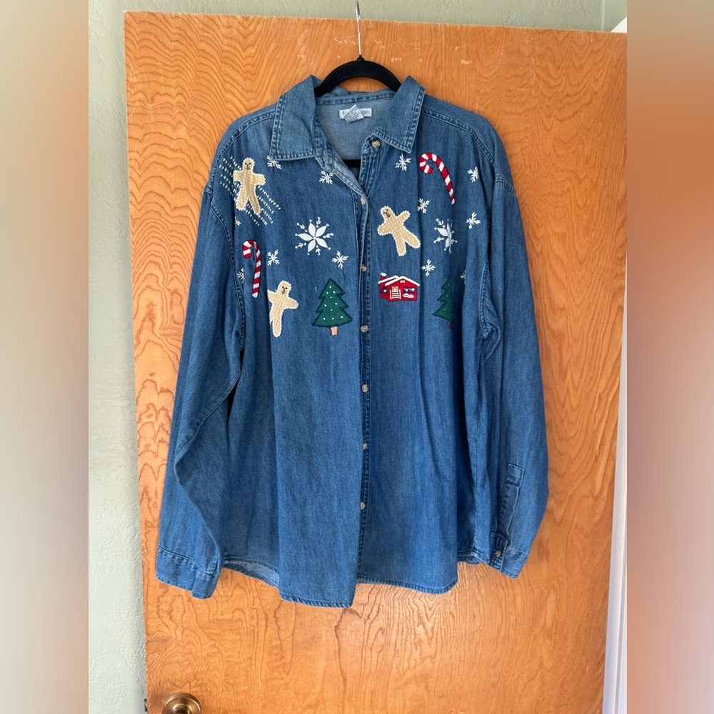 Sara Studios Vintage Festive Denim Shirt with Holiday Embroidery